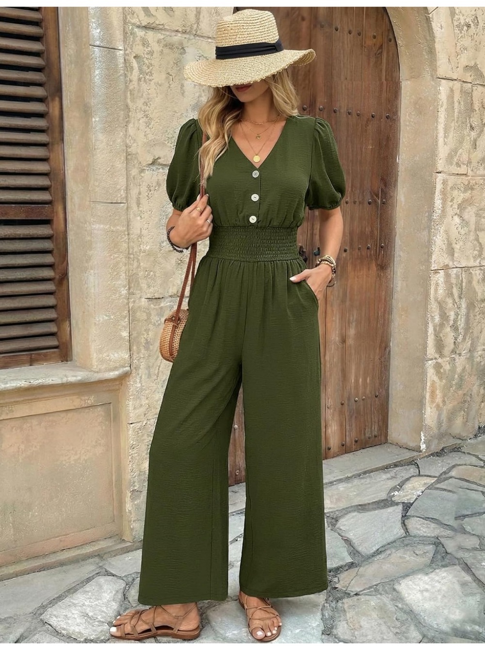 NWT LOOKBOHO Olive Green Puff-Sleeve Wide-Leg Jumpsuit